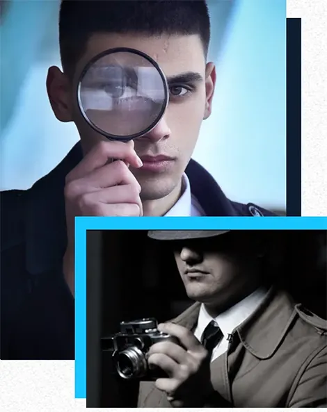 Investigator examining a document with a magnifying glass